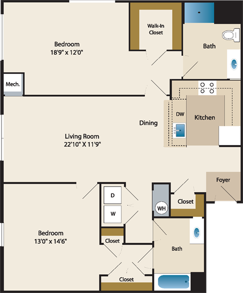 Floor plan for 2 beds, 2 baths, 1282 sqft