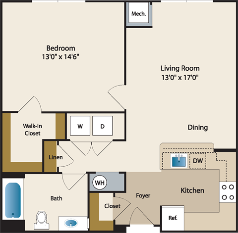 Floor plan for 1 bed, 1 bath, 799 sqft
