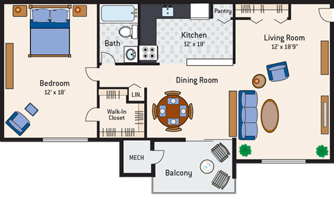 Floor plan for 1 bed, 1 bath, 800 sqft