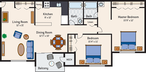 Floor plan for 2 beds, 2 baths, 1000 sqft