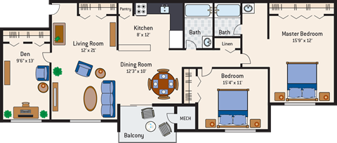 Floor plan for 2 beds, 2 baths, 1105 sqft