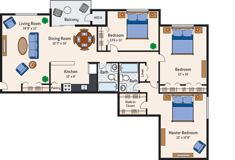 Floor plan for 3 beds, 2 baths, 1225 sqft