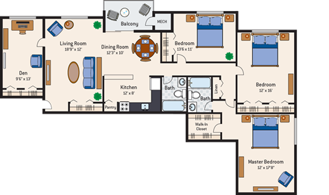 Floor plan for 3 beds, 2 baths, 1301 sqft