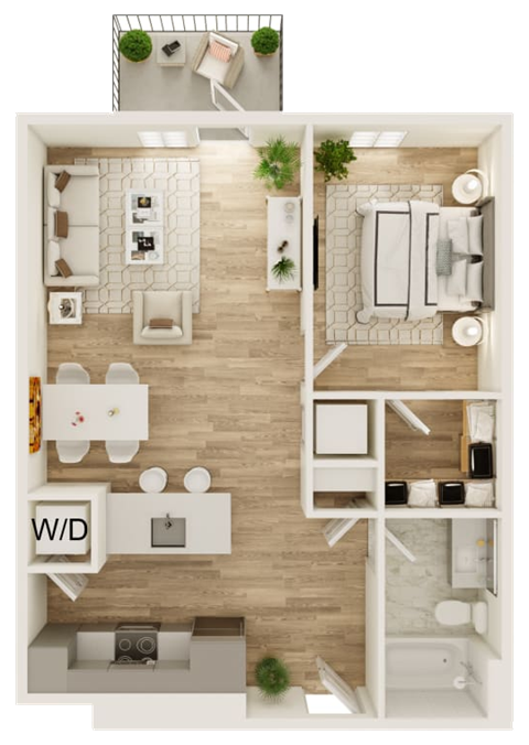 Floor plan for 1 bed, 1 bath, 672 sqft