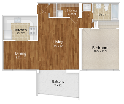 Floor plan for 1 bed, 1 bath, 810 sqft