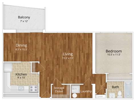 Floor plan for 1 bed, 1 bath, 893 sqft