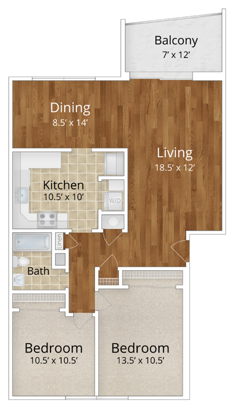 Floor plan for 2 beds, 1 bath, 1142 sqft