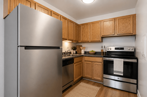 Alexandria apartment for rent - A modern kitchen with a stainless steel refrigerator and oven.