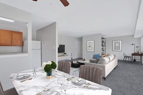 Washington apartment for rent - a living room and dining room with a table and chairs