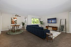 Hyattsville apartment for rent - a living room with a blue couch and a table and chairs