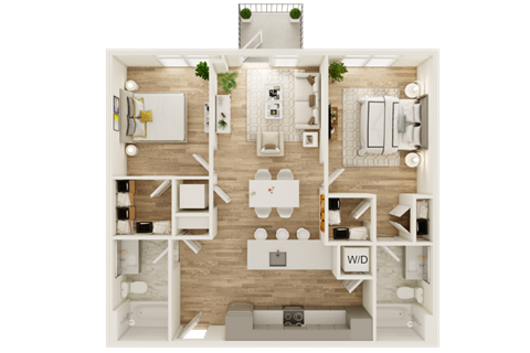 Floor plan for 2 beds, 2 baths, 931 sqft