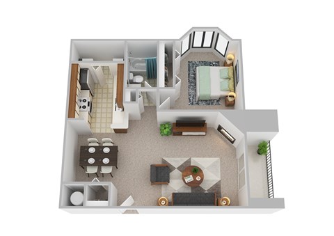 Floor plan for 1 bed, 1 bath, 770 sqft