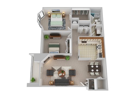 Floor plan for 2 beds, 1.5 baths, 1049 sqft
