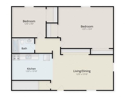 Floor plan for 2 beds, 1 bath, 753 sqft