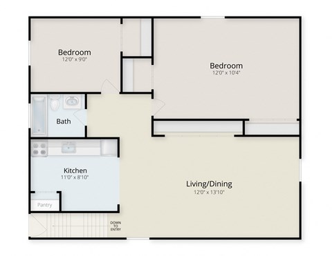 Floor plan for 2 beds, 1 bath, 753 sqft