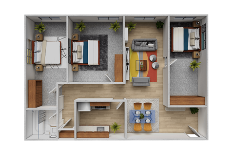Floor plan for 3 beds, 1 bath, 860 sqft