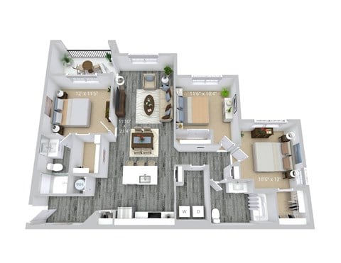 Floor plan for 3 beds, 2 baths, 1390 sqft