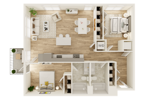 Floor plan for 2 beds, 2 baths, 965 sqft