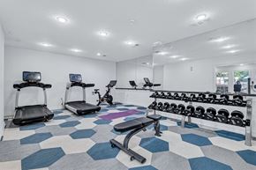 Fredericksburg townhouse for rent - A gym with a variety of equipment including treadmills, a stationary bike, and a bench press.
