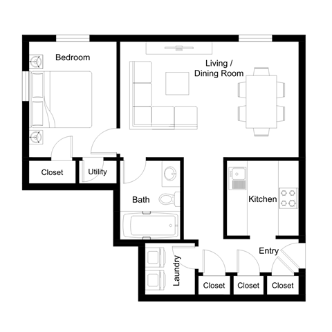Floor plan for 1 bed, 1 bath, 752 sqft