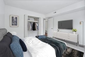 Charlottesville apartment for rent - a bedroom with a bed and a dresser and a tv