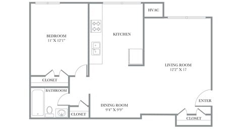 Floor plan for 1 bed, 1 bath, 712 sqft
