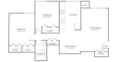 Floor plan for 2 beds, 1 bath, 900 sqft