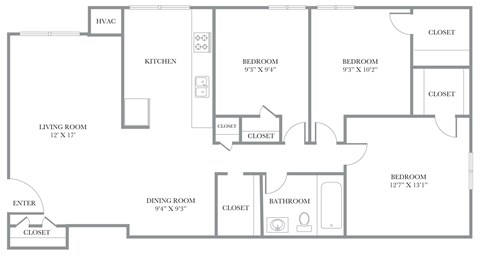 Floor plan for 3 beds, 1 bath, 1050 sqft