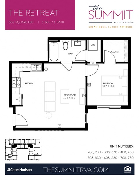 Floor plan for 1 bed, 1 bath, 586 sqft