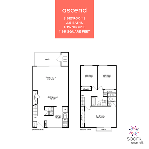 Floor plan for 3 beds, 2.5 baths, 1195 sqft