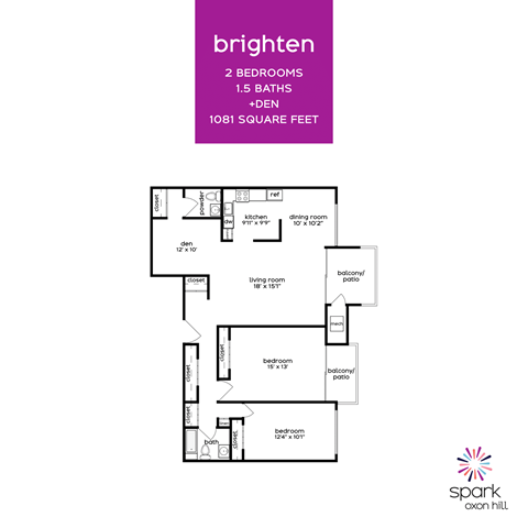 Floor plan for 2 beds, 1.5 baths, 1081 sqft