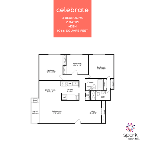 Floor plan for 3 beds, 2 baths, 1066 sqft