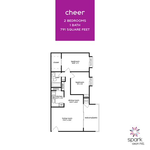 Floor plan for 2 beds, 1 bath, 791 sqft