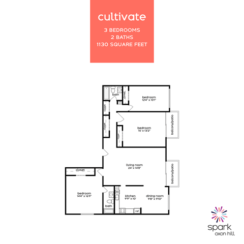 Floor plan for 3 beds, 2 baths, 1130 sqft
