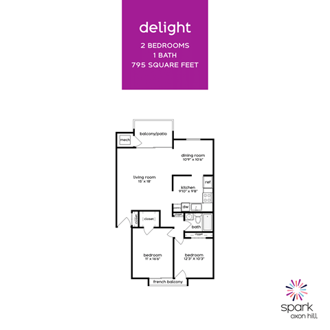 Floor plan for 2 beds, 1 bath, 795 sqft