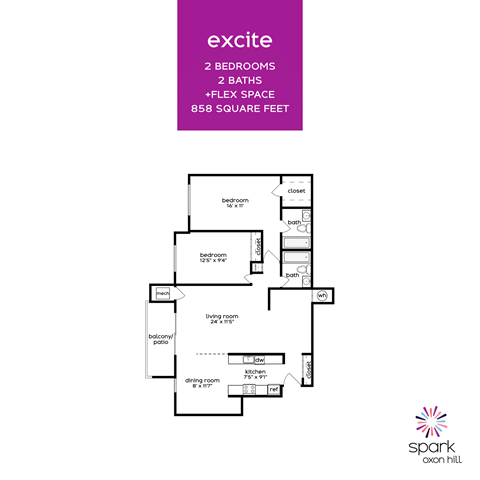 Floor plan for 2 beds, 2 baths, 858 sqft