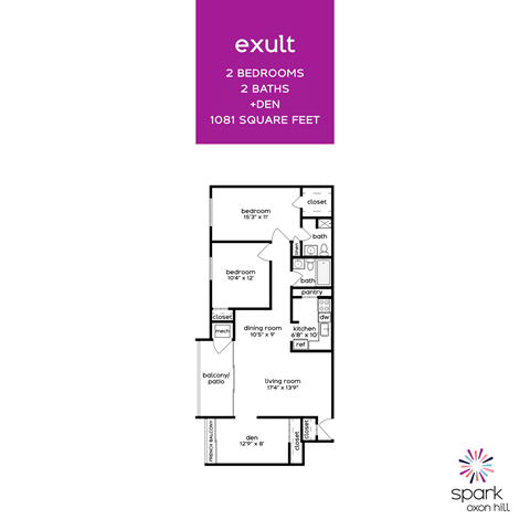 Floor plan for 2 beds, 2 baths, 1081 sqft