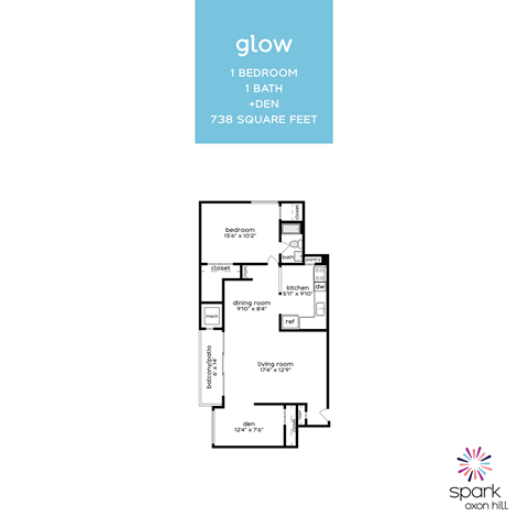 Floor plan for 1 bed, 1 bath, 738 sqft