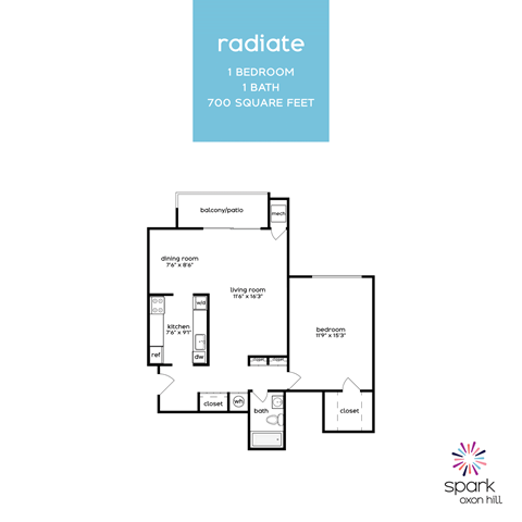 Floor plan for 1 bed, 1 bath, 795 sqft