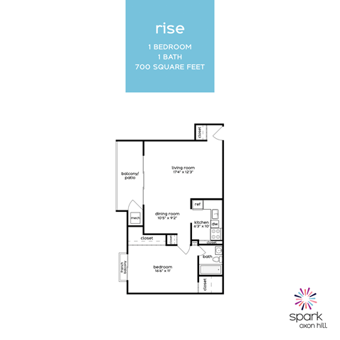 Floor plan for 1 bed, 1 bath, 700 sqft