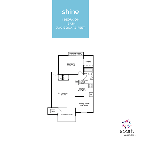 Floor plan for 1 bed, 1 bath, 700 sqft