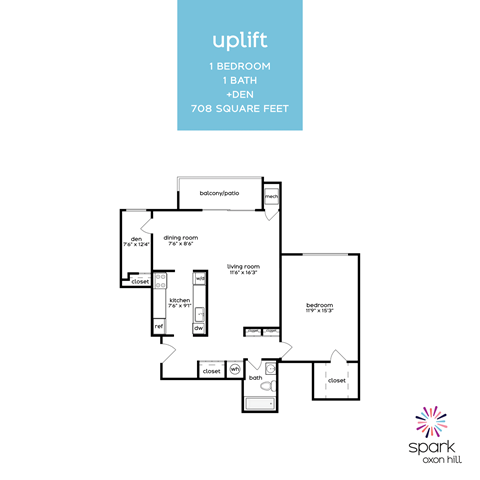 Floor plan for 1 bed, 1 bath, 708 sqft