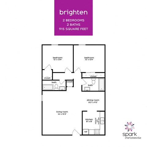 Floor plan for 2 beds, 2 baths, 915 sqft