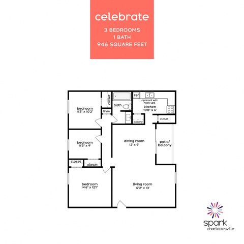 Floor plan for 3 beds, 1 bath, 1151 sqft