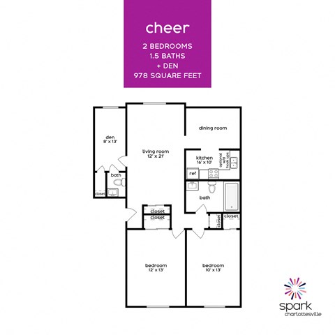 Floor plan for 2 beds, 1.5 baths, 978 sqft