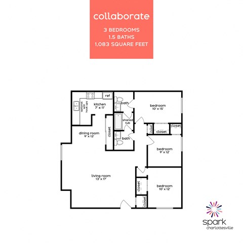 Floor plan for 3 beds, 1.5 baths, 1083 sqft
