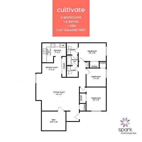 Floor plan for 3 beds, 1.5 baths, 1167 sqft