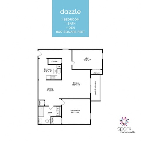 Floor plan for 1 bed, 1 bath, 860 sqft