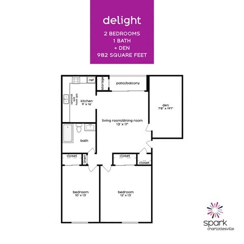 Floor plan for 2 beds, 1 bath, 982 sqft