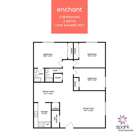 Floor plan for 3 beds, 1 bath, 1208 sqft